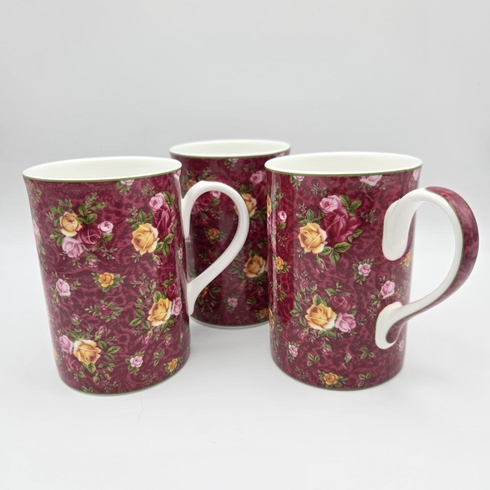 Set Of 3 Royal Albert Old Country Roses Floral Ruby Lace Bone China Tea Mugs
